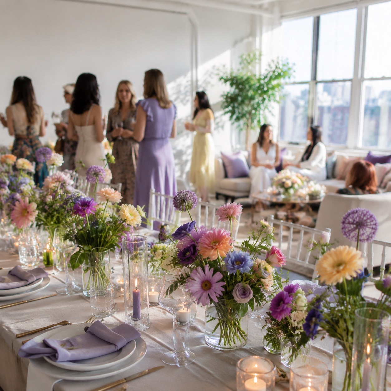 Festlich gedeckte Tafel mit Blumen in heller Eventlocation